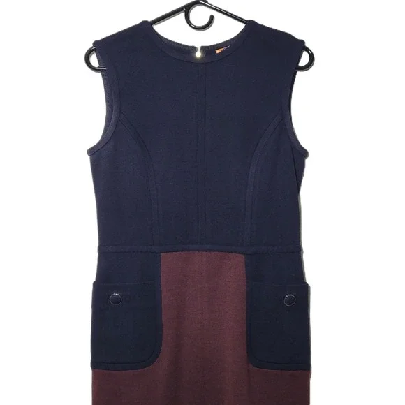 Tory Burch Brianna Sleeveless Colorblock Sheath Dress Navy Burgundy Pockets SZ S